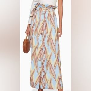 Azulu by Anthropologie Banana Leaf Maxi Skirt With Side Buttons and Tie Front